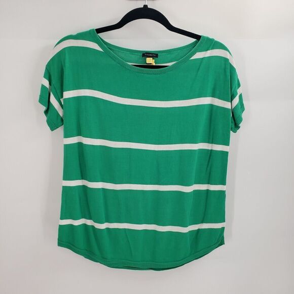 Talbots Striped Short Sleeve Sweater Womens Medium Green White Cotton Blend - Picture 1 of 10